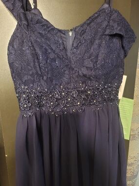 Morgan & Co. Navy Blue Beaded Lace Evening Dress